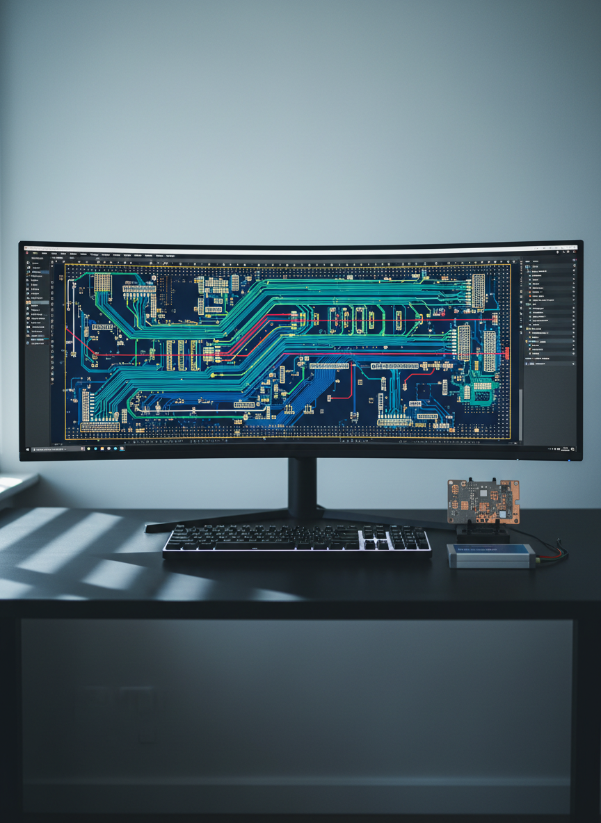 A large ultra-wide monitor on a minimalist black desk displays a vivid PCB layout in a professional EDA tool, featuring detailed four-layer routing, differential pairs, and ground pour cutouts. In front of the screen, a sleek mechanical keyboard and a compact USB logic analyzer rest neatly aligned. The desk surface is uncluttered, with only a small ESD-safe PCB holder containing a bare prototype board. Soft, cool-toned ambient light from an unseen window mixes with a gentle glow from the monitor, casting subtle reflections across the desk and emphasizing the layout’s colors. Photographed straight on at eye level, with the screen slightly dominant in the frame, the mood is focused and modern, highlighting the digital side of embedded and PCB design in professional photographic realism.