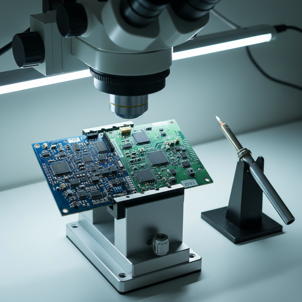 A close-up, photographic view of a mixed-signal PCB prototype clamped in a precision vise beneath an articulated microscope, set on a tidy technical workbench. The board features contrasting zones: a densely populated high-speed digital section and a carefully isolated analog front-end with op-amps and shielded traces. A slim, temperature-controlled soldering iron with a fine conical tip rests nearby, its stand clean and organized. Cool neutral lab lighting with a subtle top accent light creates delicate reflections on exposed copper, solder joints, and lens glass. Shot from a slightly low angle that looks past the soldering iron toward the PCB, the composition uses shallow depth of field to emphasize the component detail, giving a focused, methodical, engineering-lab mood in crisp photographic realism.